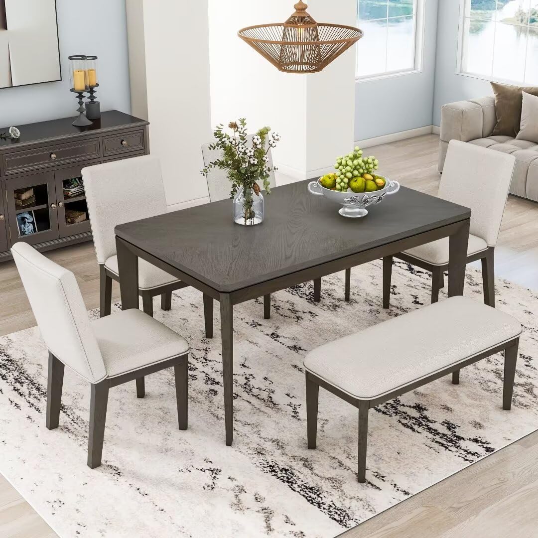 6-Piece Dining Table Set with Upholstered Dining Chairs and Bench,Farmhouse Style, Tapered Legs