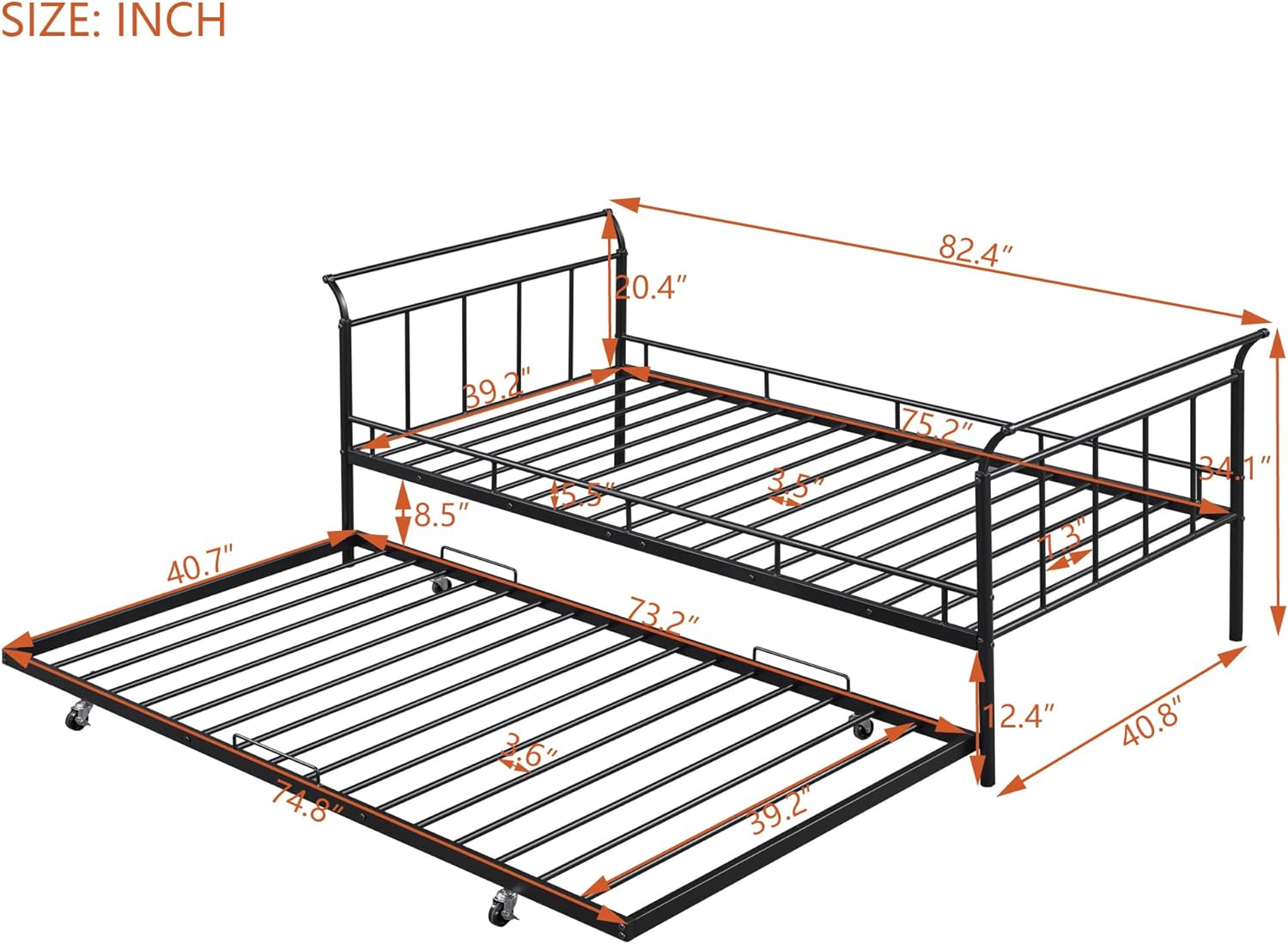 Twin Size Metal Daybed with Curved Handle Design,Bed Frame W/Twin Size Trundle,No Box Spring Needed,for Bedroom,Apartment,Guest Room,Black