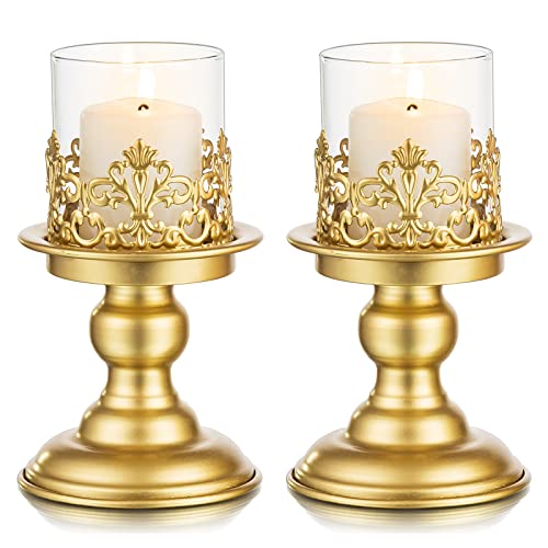 Sziqiqi Gold Candle Holders for Table Centerpiece - Antique Metal Candles Holder Decorative for Pillar Tealight Wedding Living Room Home Decoration