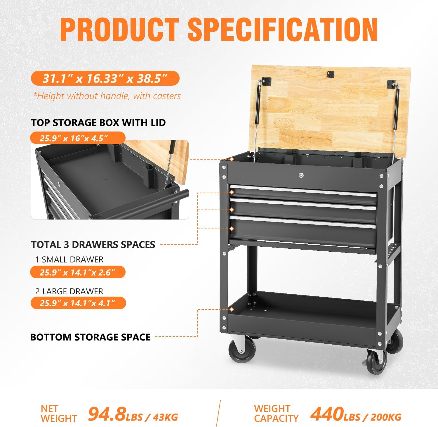 DNA MOTORING 3-Drawers Wood Top Utility Rolling Tool Chest Cabinet with Wheels, Heavy Duty Industrial Service Cart Keyed Locking System, for Garage Warehouse Workshop, Black, TOOLS-00403