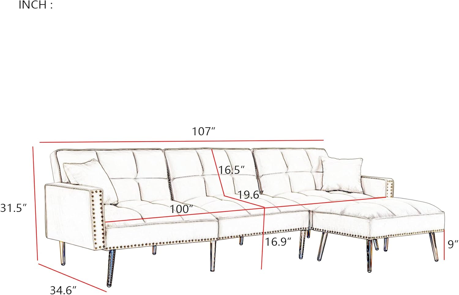 Velvet Sectional Sofa Bed - Reversible L-Shaped Couch with Movable Ottoman for Living Room - Cream White, Elegant and Comfortable