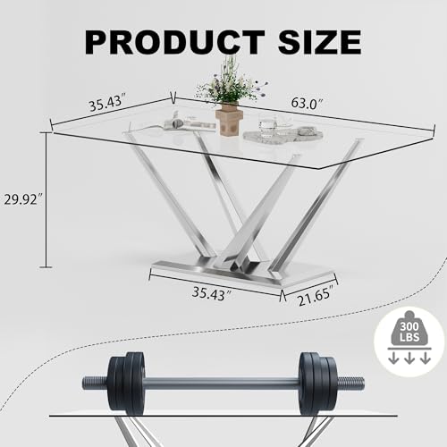 Glass Dining Table for 4-6, 63” Modern Rectangular Kitchen Table with Tempered Glass Top & Crossed Stainless Steel Base, Large Dining Table for Office Kitchen Living Meeting Room, Silver