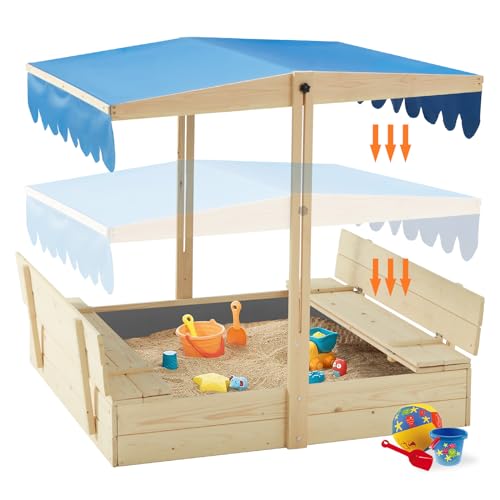 YOLENY Kids Wooden Outdoor Sandbox with UV50 Sun/Sand Protection Liner Function Canopy, 2 Foldable Bench Seats, Height Adjustable Roof, Protection Liner, for Backyard, Beach, Lawn, 13.3 Sq.