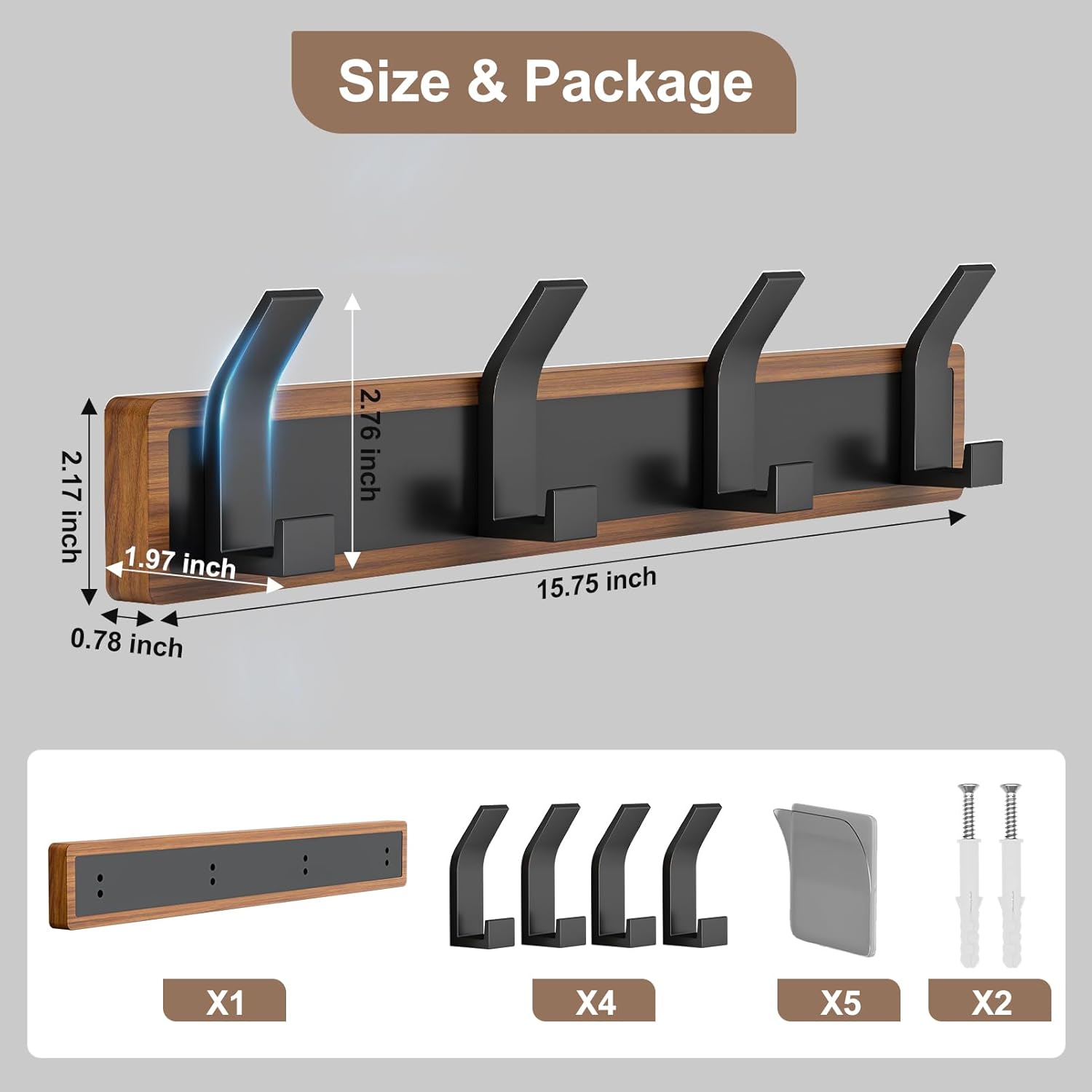 Coat Rack Wall Mount-Solid Walnut Wall Coat Rack with 4 Black Aluminum Wall Hooks for Hanging Coats，Backpacks, Bags, Towels, etc. Coat Hooks Wall Mount for Entryway, Bathroom, Bedroom