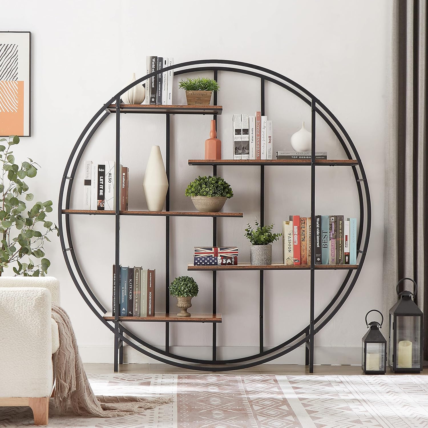 Round 5-Tier Bookcase,Industrial Vintage Round Shelf Storage Organizer Multi-Functional Bookshelf for Bedroom, Living Room and Home Office(Rustic Brown)