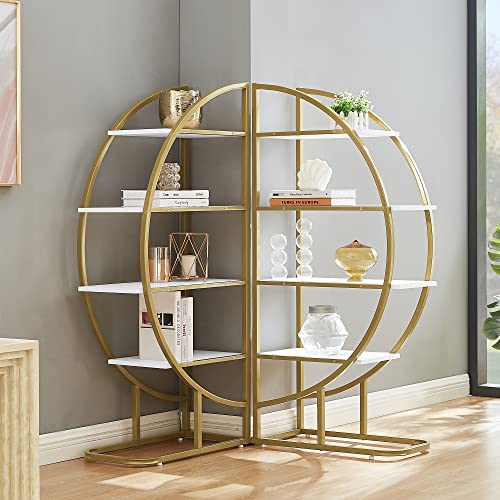 Modern 4 Tiers Open Bookshelf, Standing Round Bookshelf with Gold Metal Frame, Vintage Bookcase for Living Room Home Office, Different Placement Ways