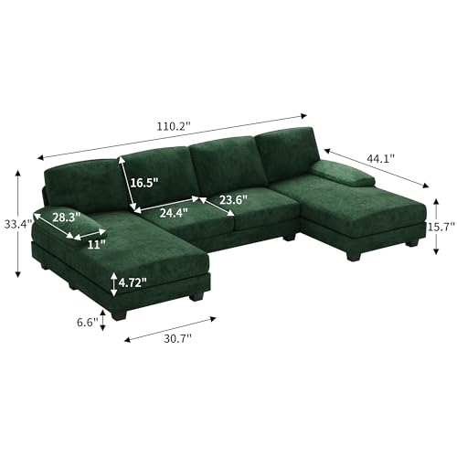 Furniwell Convertible Sectional Sofa Couch, 4 Seat Sofa Set for Living Room U-Shaped Modern Fabric Modular Sofa Sleeper with Double Chaise & Memory Foam (Green)