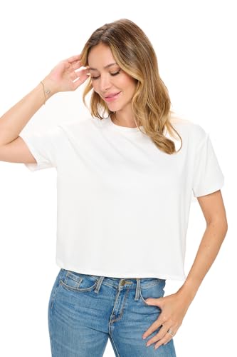 Women’s Crop Top – Short Sleeve Soft Boxy Crewneck Casual Active Workout Yoga Running Cropped Tee T Shirts