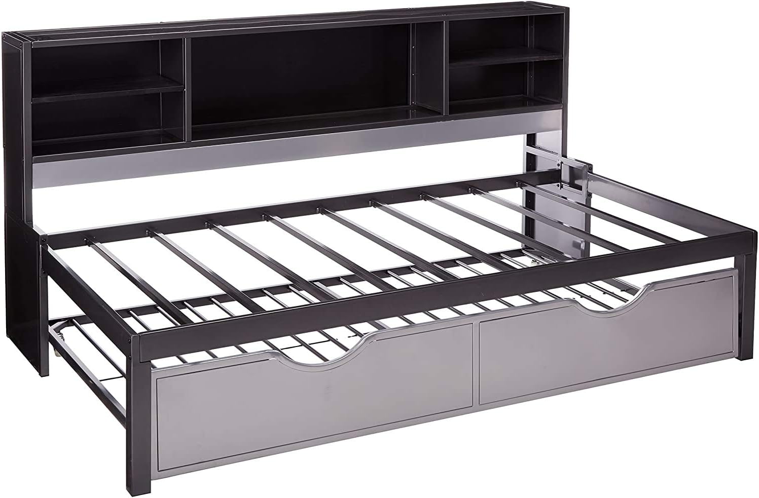 BOWERY HILL Metal Frame Twin Bed with Trundle in Black and Silver Including Bookcase