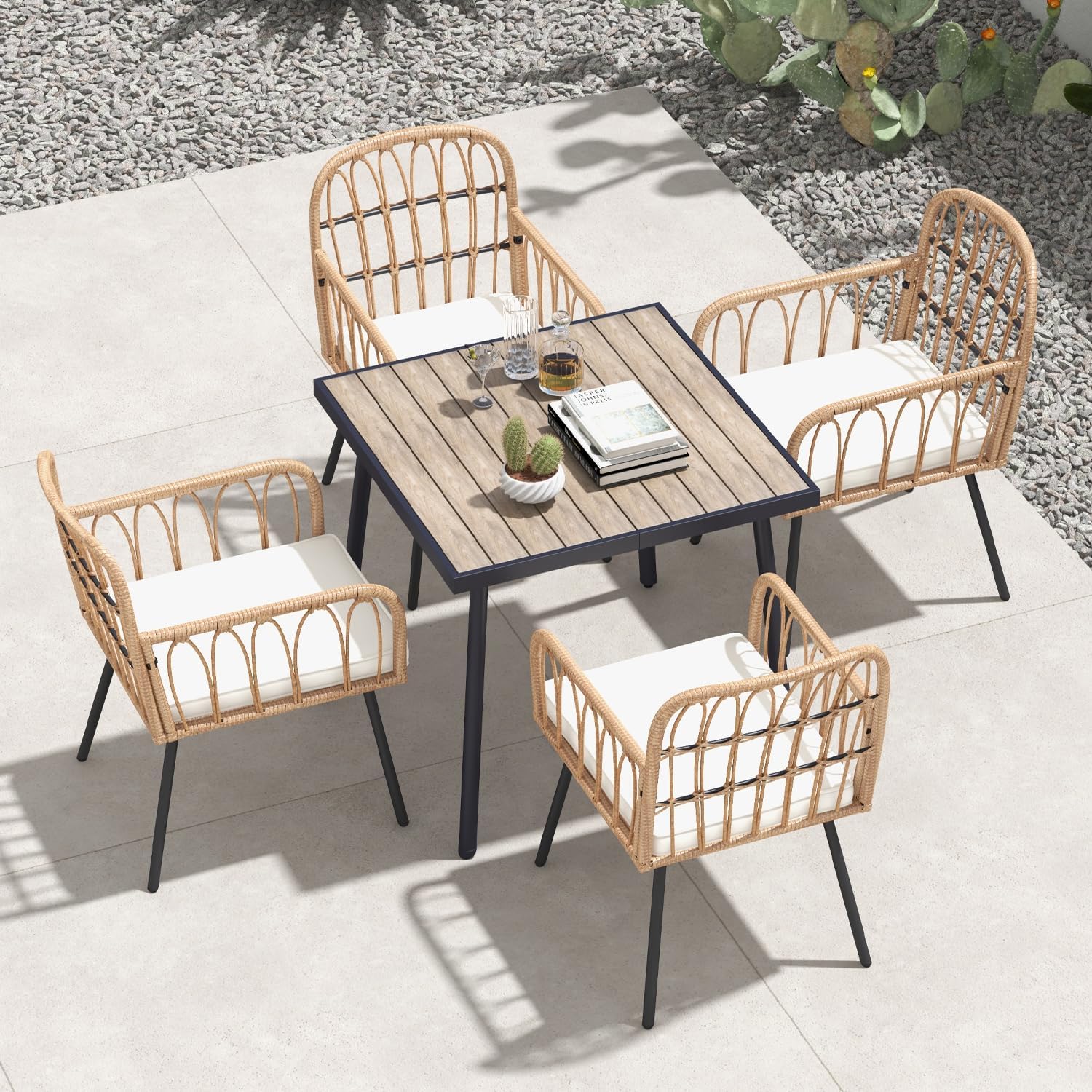 5 Piece Outdoor Dining Set，Rattan Patio Table and Chairs Set Plastic-Wood Tabletop Outdoor Dining Table, 4 Wicker Chairs &Cushions for Patio, Poolside, Balcony