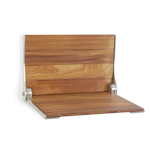 Seachrome Silhouette Natural Teak Wood Wall Mount Folding Shower Seat Bench with Matte Black Frame