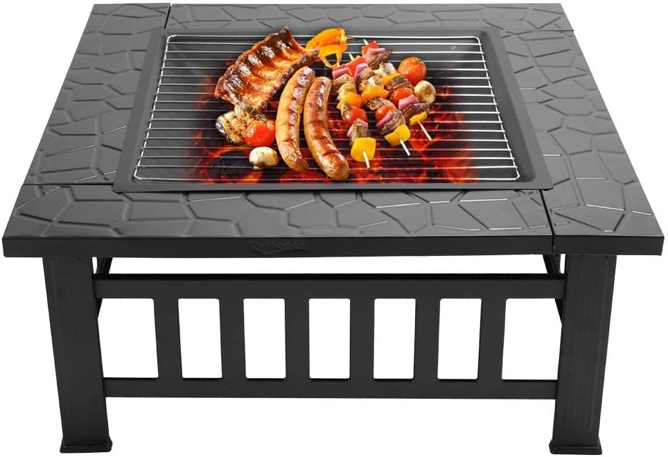 VINGLI 32in Large Fire Pit with Spark Screen Cover, Log Grate, Poker Outdoor Square Metal Portable Fire Pit Wood Burning Firepit Stove Bowl BBQ Grill for Camping Patio Backyard for Christmas Party