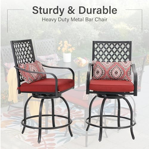 MFSTUDIO 4 PCS Outdoor Swivel Bar Stool, Patio Counter Height Bar Chair with Cushion and Armrest, Red