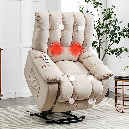 Velvet Recliner Chair, Electric Lift with Heat and Vibration for Living Room Massage, USB Port, Lazy Boy Chair Recliners Multi-Functional (Beige)