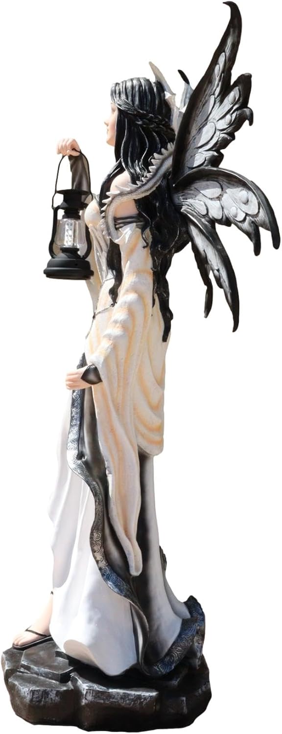 Ebros Gift Large 4 Feet Spell Caster Winter Snow White Fairy with White Dragon and Solar LED Lantern Light Statue Faery Garden Fantasy Fairies and Pixies Collection