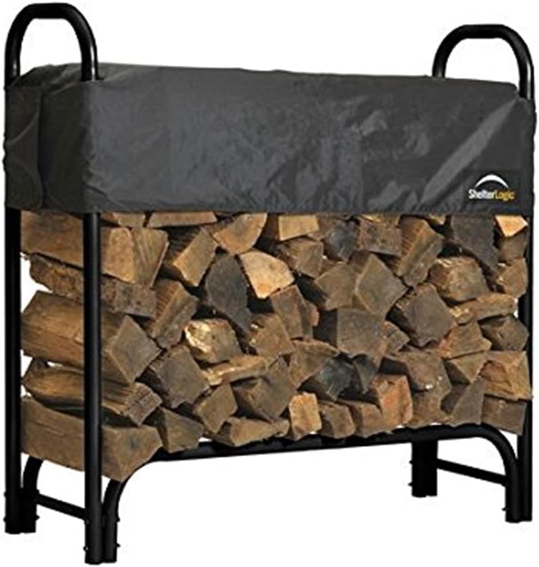 ShelterLogic 4' Adjustable Heavy Duty Outdoor Firewood Rack with Steel Frame Construction and Water-Resistant Cover & Firewood Rack-in-a-Box Universal Full Length Cover for Firewood Storage Racks