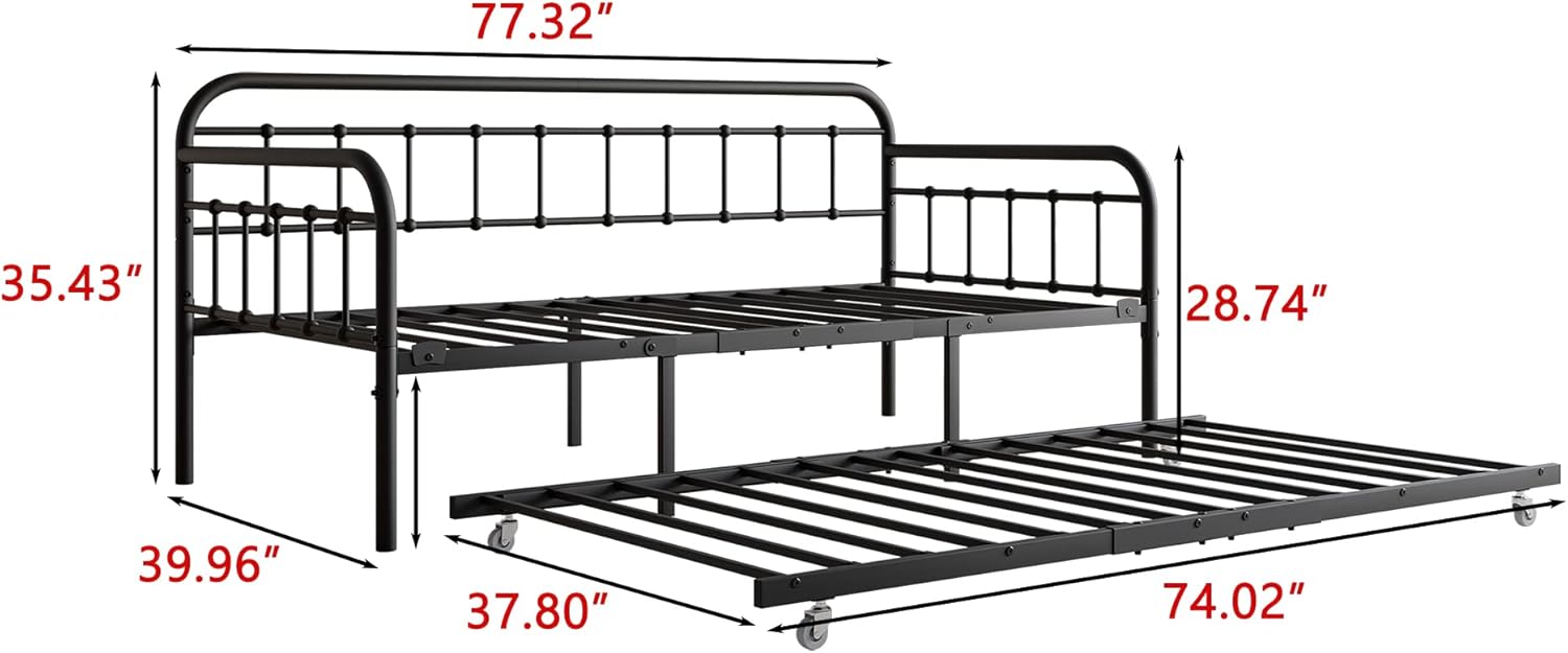 Twin Size Metal Daybed, Day Bed with Trundle, Heavy Duty Steel Slat Support Sofa Bed with Headboard for Living Room Bedroom Guestroom, No Box Spring Needed, Noise Free, Black