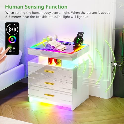 HNEBC RGB Nightstand with Auto lights, High Gloss Bedside Tables with Wireless Charging Station,Night Stand with 3 Drawers,Floating LED Nightstand with Adjustable Brightness/Side Table (Black)