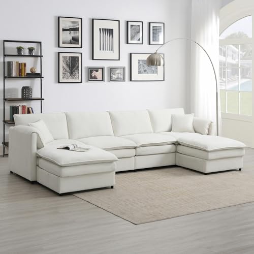 Modular Sectional Sofa U Shaped Sofa Couches with 2 Ottoman, Modern Chenille L Shaped Comfy Cloud Couch Living Room Set, 6-Seater Deep Modular Sectional Corner Couch with Double Cushions, Cream