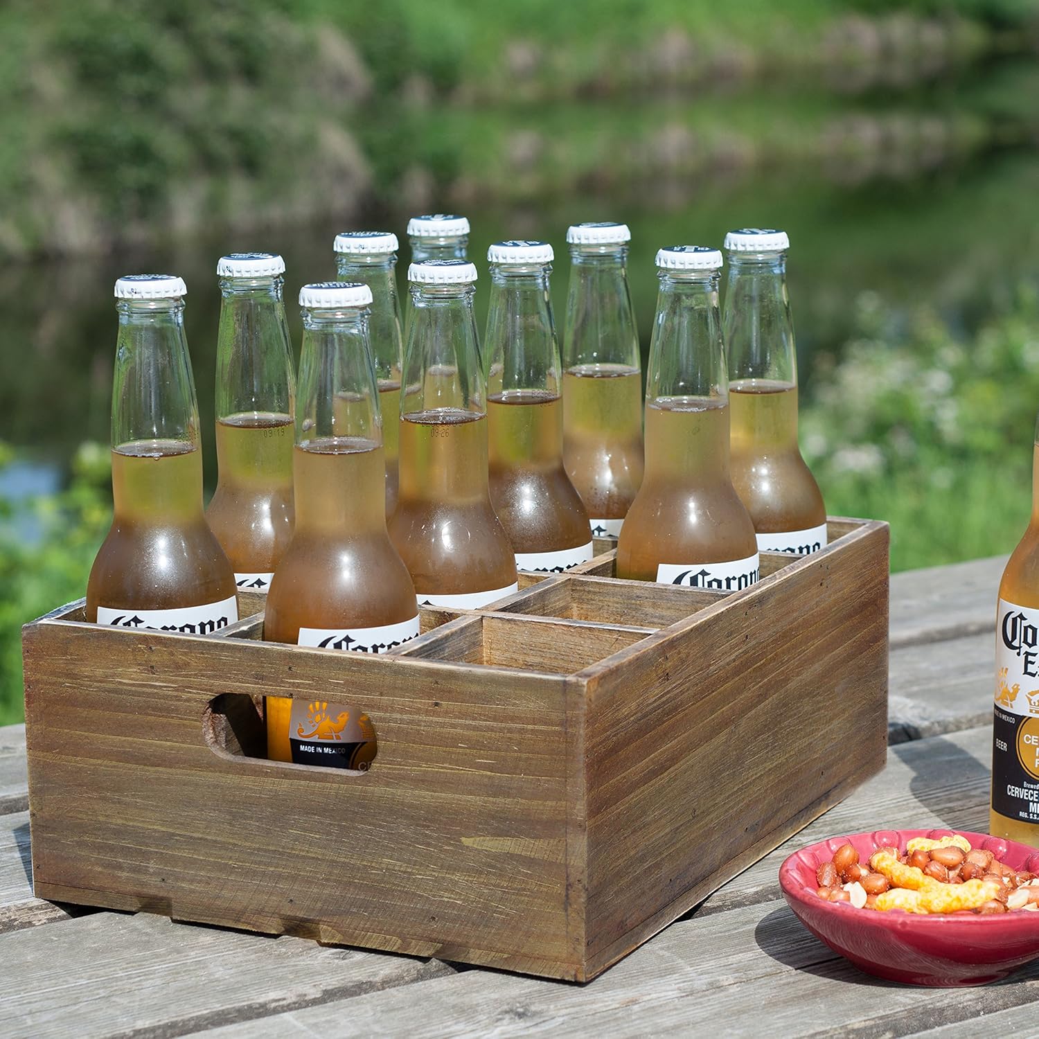 MyGift Rustic Brown Wood Bottle Storage Crate - Wooden Beer Holder Box, Bottled Beverage Serving Caddy with Carrying Handles, 12 Individual Slots