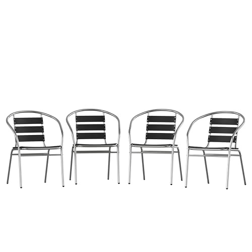 EMMA + OLIVER Rhea Stack Chairs with Arms and Triple Slat Faux Teak Backs - Black - Metal - Set of 4 - All-Weather for Indoor/Outdoor Use