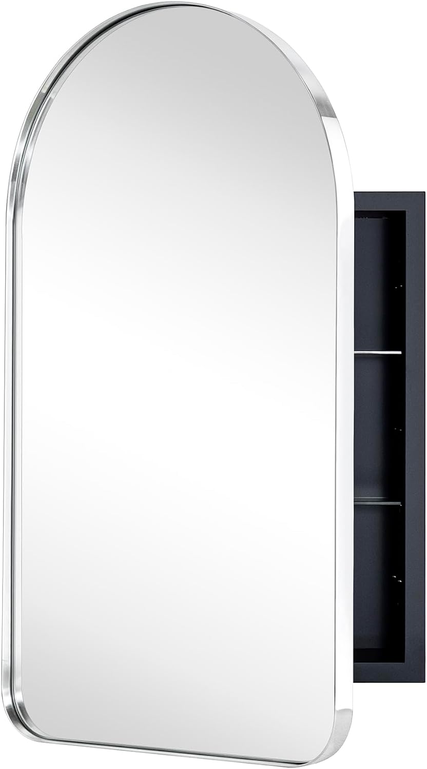 Chrome Arched Recessed Bathroom Medicine Cabinet with Mirror Stainless Steel Metal Framed Rectangular Bathroom Cabinet with Mirror 16x28.3''