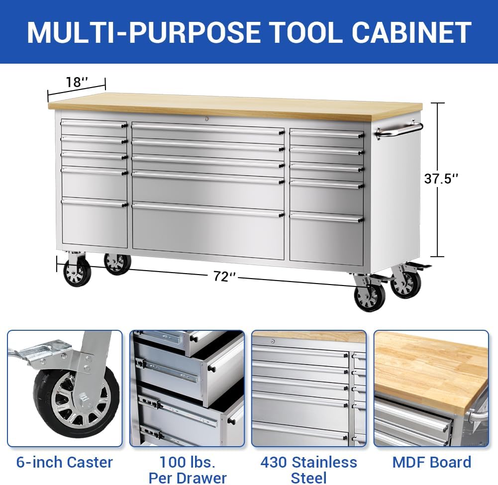 72-inch Stainless Steel Tool Chest with Wheels, 15 Drawers Rolling Storage Tool Cabinet, Heavy Duty Workbench Table with Wood Top, Lock and Liner, for Garage, Warehouse, Workshop