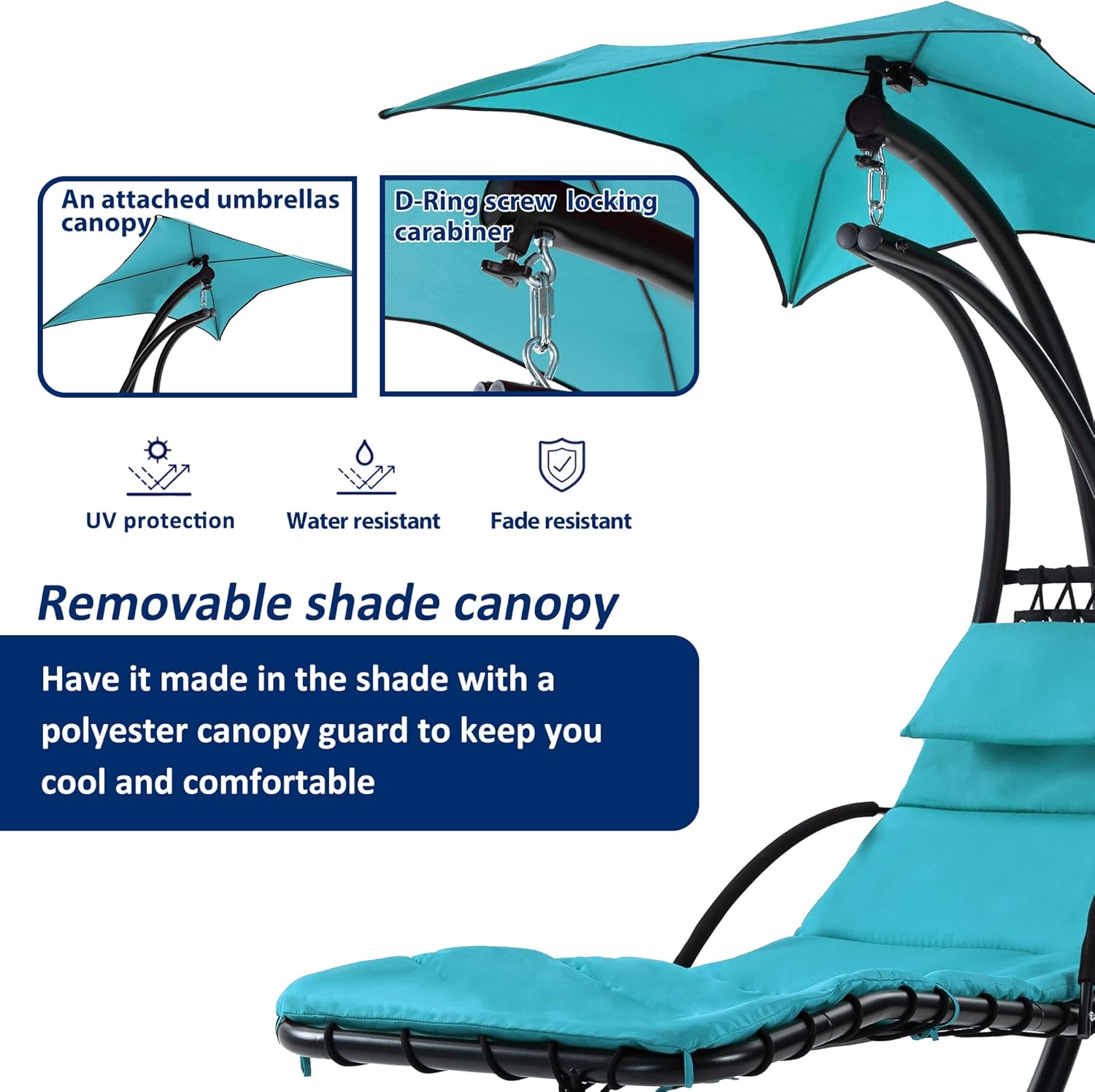 Hammock Hanging Chaise Lounger Chair, Arc Stand Porch Swing Chair with Umbrella and Pillow, Outdoor Hanging Curved Chaise for Patio Poolside Backyard Garden,330 LBS Capacity
