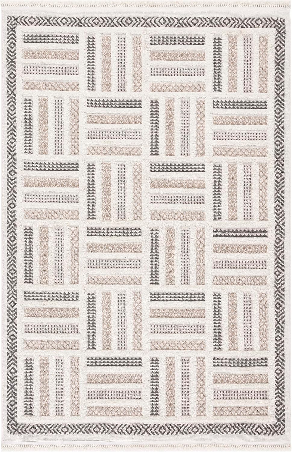 SAFAVIEH Urban Collection Area Rug - 9' x 12', Beige & Ivory, Mid-Century Modern Tassel Fringe Design, Non-Shedding & Easy Care, Ideal for High Traffic Areas in Living Room, Bedroom (URB212B)