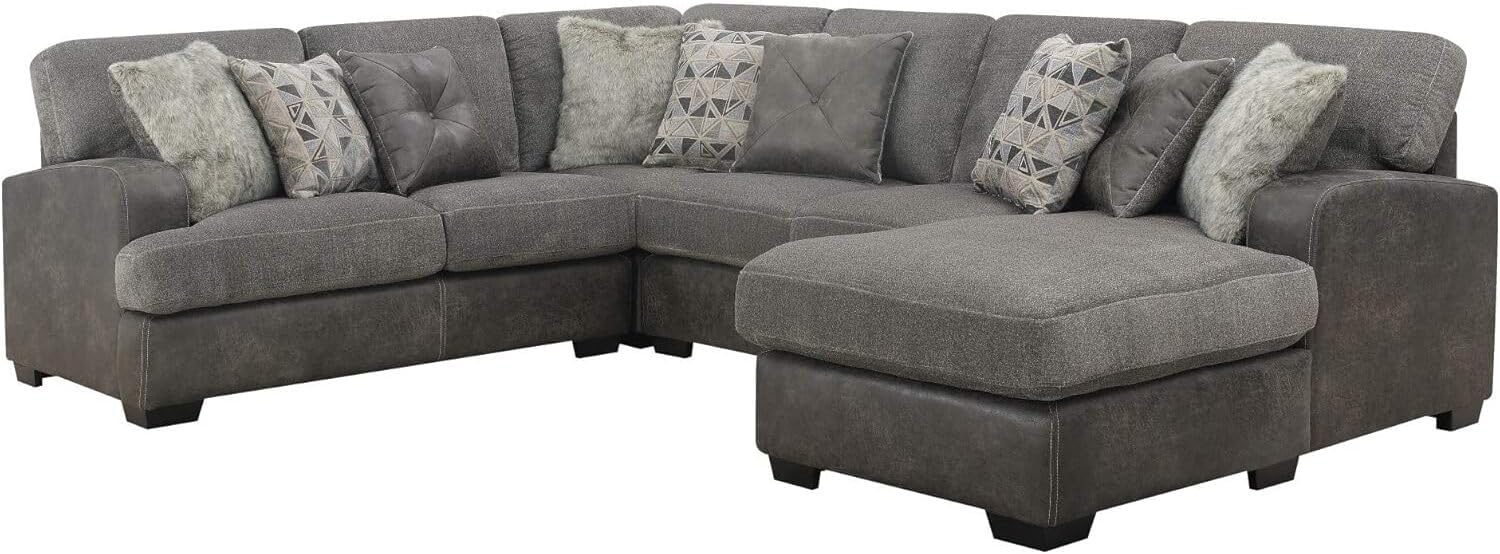 Antique Bright Charcoal Tweed and Faux Leather Sectional with Cozy Fabrics and Deep Seating