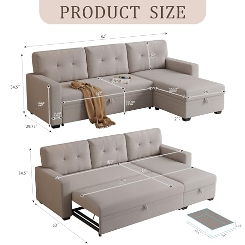 Upholstered Pull Out Sectional Sofa with Storage Chaise,Linen Loveseat w/Removable Back Cushions,Can Be Converted into a Twin Size Sleeper,for Guest Room,Living Room,82