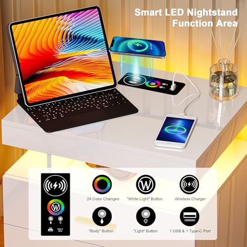HNEBC Nightstands Set of 2, RGB LED Nightstand with Wireless Charging Station, Modern Bedside Tables with 3 Drawers, End Side Tables with USB Port for Bedroom Living Room,Sofa Side Table (Black)