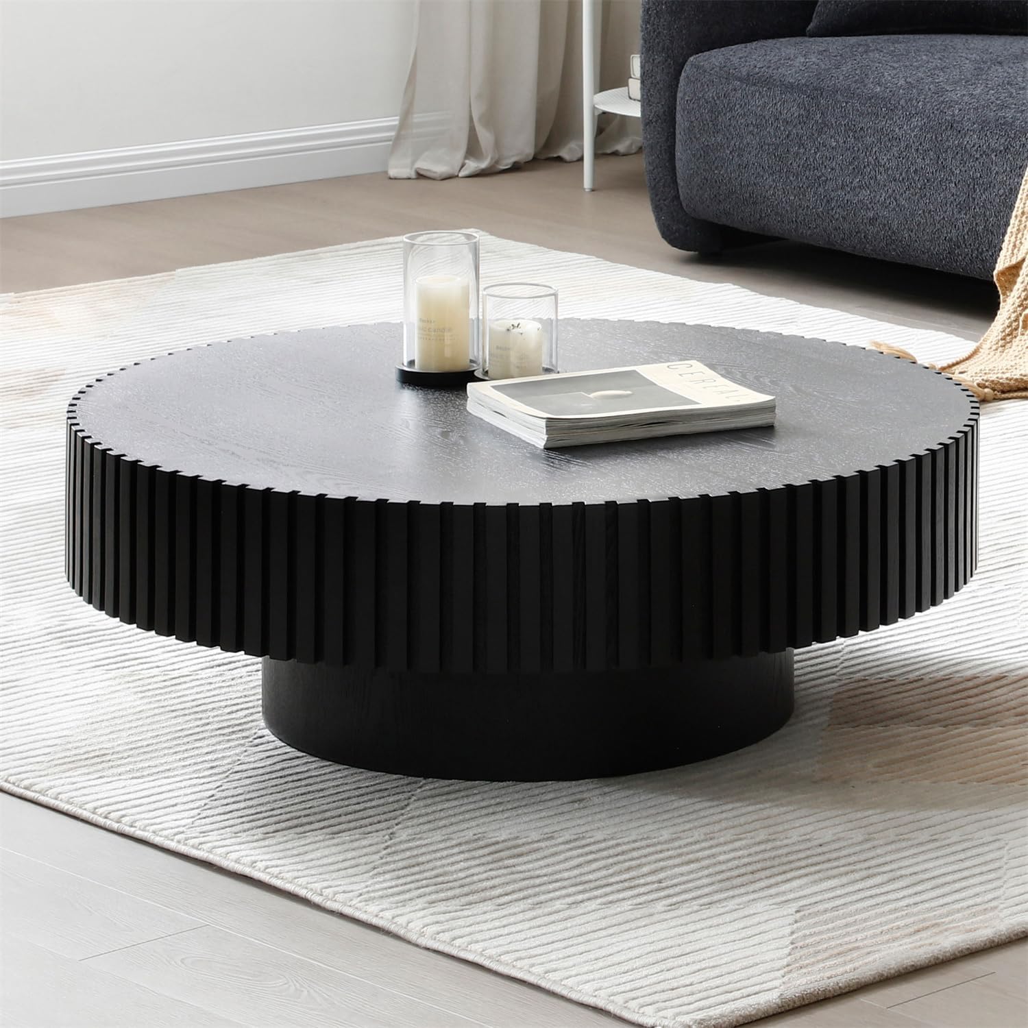 39.37'' Matt Black Coffee Table Mid Century Modern Round Unique Solid Wood Veneer Handcrafted Relief Tea Table for Living Room