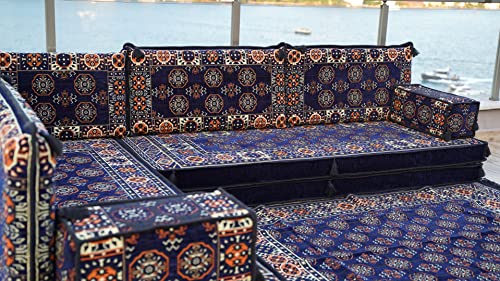 Navy Blue L Shaped Floor Seating Sofa Set, Sectional Sofa, Sectional Sofa, Arabic Majlis, Oriental Sofa, Moroccan Sofa, Bohemian Furniture Set (L Sofa Full Set)