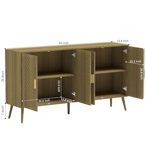 Wood Sideboard Buffet Cabinet with Storage, 4 Doors, Adjustable Shelves, TV Stand or Coffee Bar for Kitchen, Dining Room, Living Room, Entryway (Walnut)