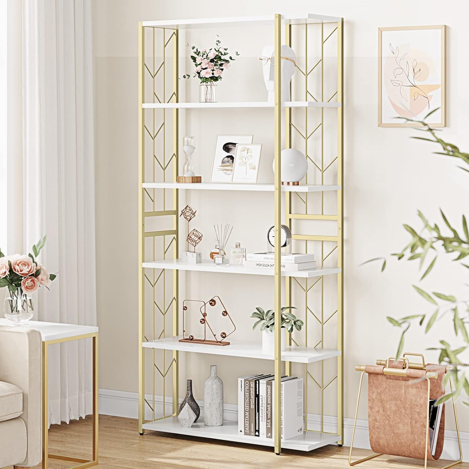 6 Tier Bookshelf, Tall Bookcase Freestanding Display Shelf with Metal Frame & Large Storage, Modern Book Shelf for Home Office, White/Gold