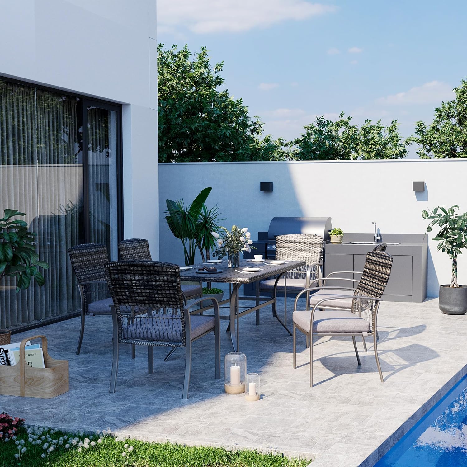 Pamapic Patio Table and Chairs Set, All-Weather Rattan Outdoor Table and Chairs with Removable Waterproof Cushions, Plastic-Wood Patio Dining Set for 6 with Umbrella Hole(Gray)