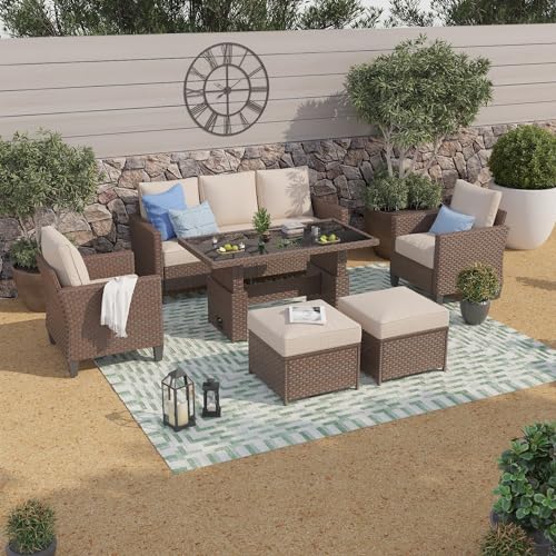 SUNSITT Patio Furniture Set 6-pcs Outdoor Furniture Conversation Sets with Lift Dining Table Wicker Patio Furniture Outdoor Couch Brown Rattan Beige Cushion for Garden, Backyard, Lawn