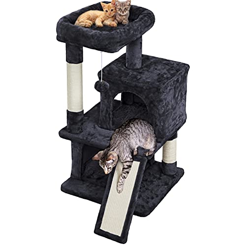 Yaheetech 36in Cat Tree Cat Tower Play House Climber Stand Furniture with Scratching Post, Plush Perch, Dangling Ball, Two Condo and Ramp, for Kittens, Cats and Pet, Black