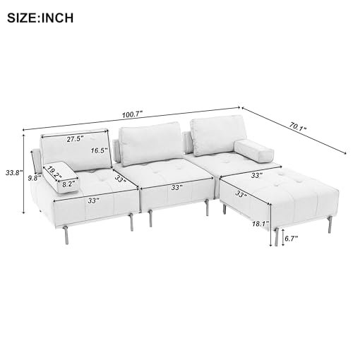 100.7'' L-Shape Sectional Sofa with a Removable Ottoman, Modern 3-Seater Couches with Two Armrests and Metal Legs, Comfortable Fabric for Living Room, Apartment (Grey,Palomino Fabric)