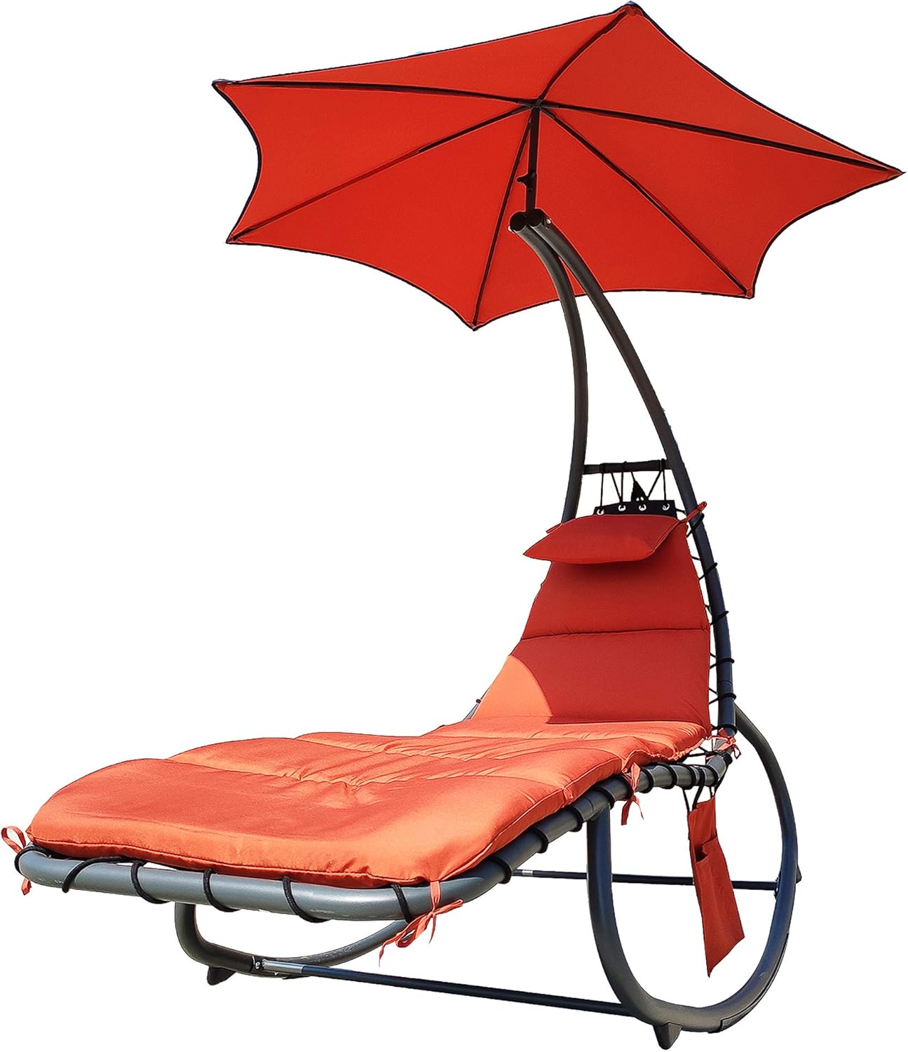 BalanceFrom Hanging Rocking Curved Chaise Lounge Chair Swing with Cushion, Pillow, Canopy, Stand and Storage Pouch, 330-Pound Capacity, Orange