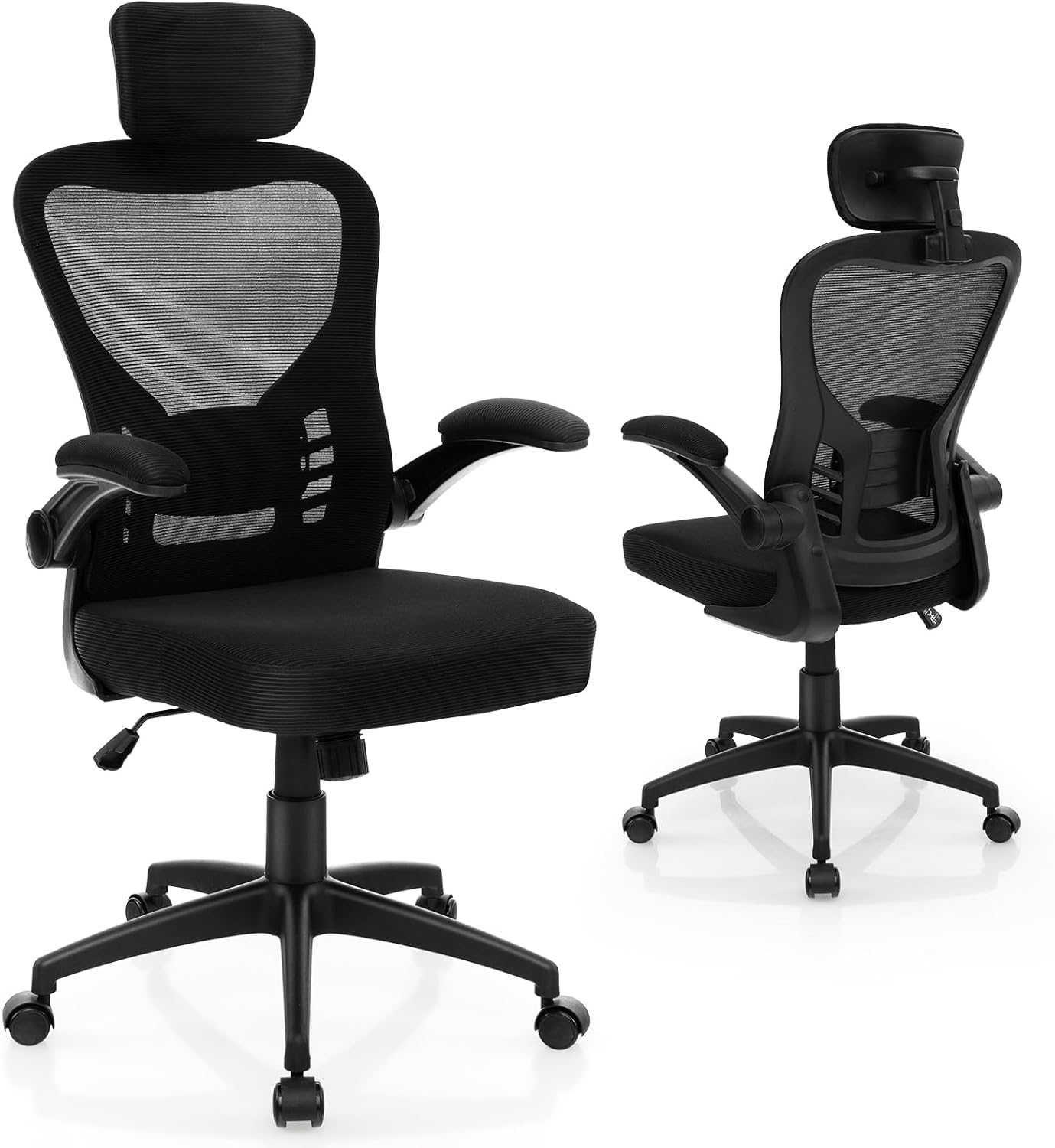 COSTWAY Ergonomic Home Office Chair, Mesh Office Chair with Adjustable Headrest & Lumbar Support, Flip-up Armrests, Height Adjustable Computer Desk Chair for Office, Home, Black