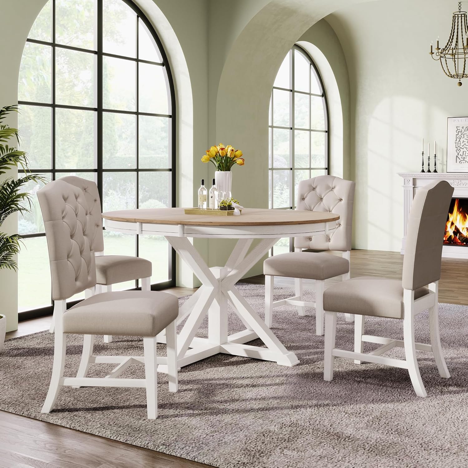 Functional Furniture Retro Style Extendable 4 Upholstered Chairs, Living Room, Oak Natural Wood + Off White, 5 Piece Dining Table Set