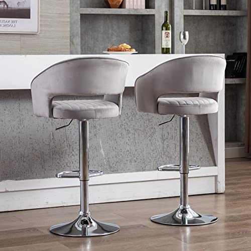 Guyou Modern Velvet Adjustable Bar Stools Chrome Base Set of 6, Upholstered 26 Inch Counter Height Bar Stools with Back and Armrest Swivel Kitchen Island Stools (Cream)
