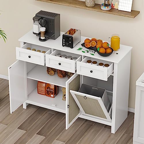 LEVNARY Tilt Out Trash Cabinet, Rattan Kitchen Trash Can Cabinet with 3 Drawers and 2 Doors, Wooden Freestanding Storage Cabinet with Adjustable Shelf for Kitchen, Living Room (White)