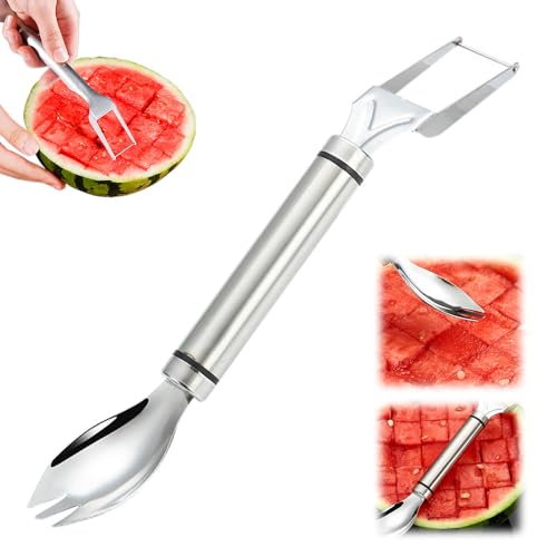 2-in-1 Stainless Steel Fruit Cutter, 2024 New Watermelon Fork Slicer Cutter Dual Head Fruit Forks Slicer, Watermelon Cutter Tool Summer Fruit Cutting Fork for Home Kitchen Camping (1, silver)