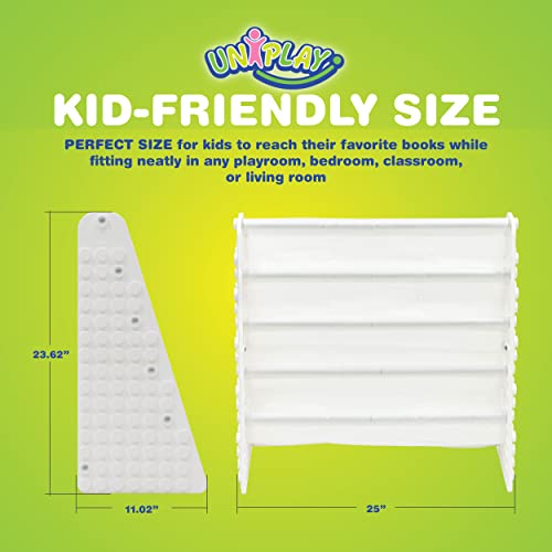 UNiPLAY Kids 4-Tier Book Storage Organizer with Sling Book Pockets, Plastic Sling Rack Bookshelf for Playroom, Fits Blocks, Gray/Pastel