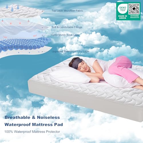 GRT Twin XL Waterproof Mattress Pad, 100% Waterproof Twin XL Mattress Protector for College Dorm with Dual-Layers Protection, Noiseless Quilted Fitted Mattress Cover Fits up to 8