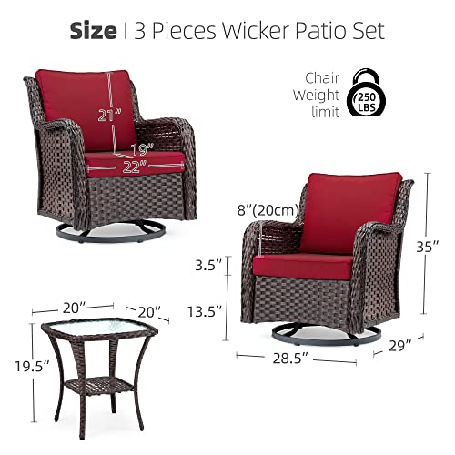 IDEALHOUSE 3 Pieces Outdoor Wicker Swivel Rocker Patio Set, 360-Degree Swivel Rocking Chair Elegant Wicker Patio Bistro Set with Tempered Glass Top Side Table (Rust Color)