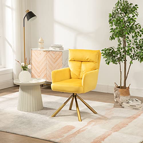180° Swivel Accent Chair, Velvet Upholstered Office Chair with Gold Legs, Arms, Modern Desk Chair for Living Room, Office, Salon, Small Space (Yellow Velvet)